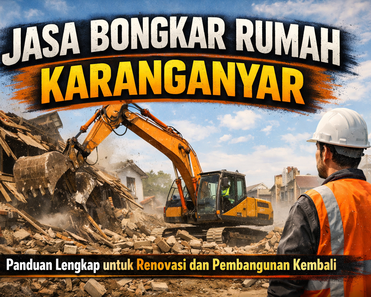 Construction site with an orange excavator tearing down a house while a worker in a hard hat and safety vest looks on.