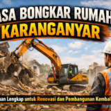 Construction site with an orange excavator tearing down a house while a worker in a hard hat and safety vest looks on.