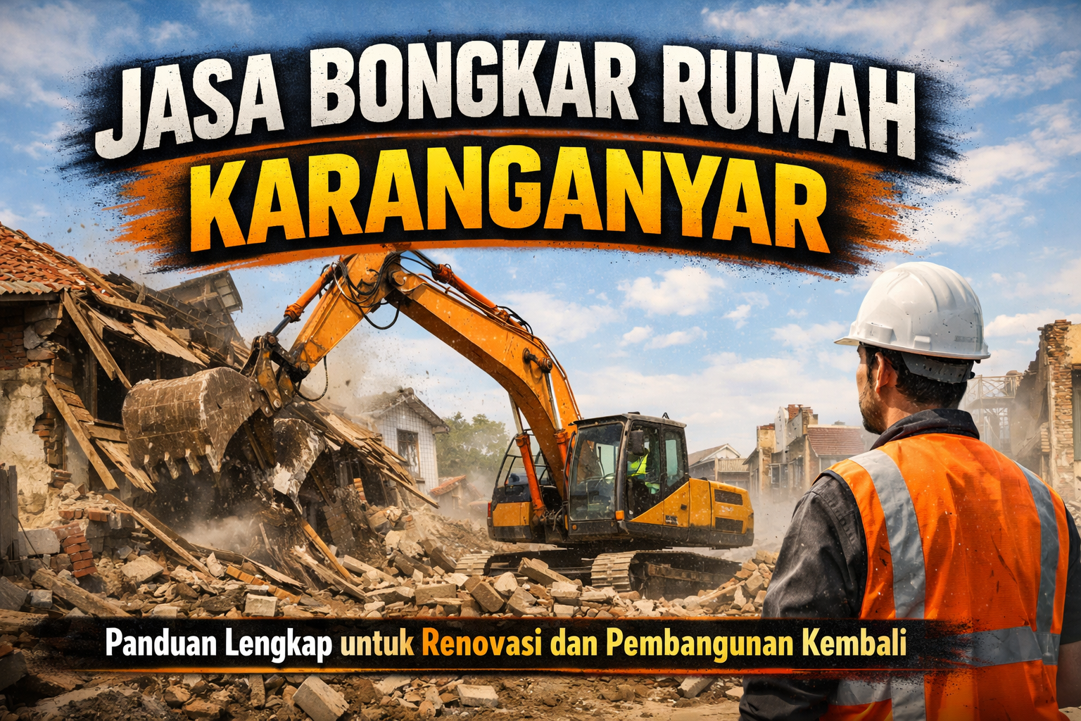 Construction site with an orange excavator tearing down a house while a worker in a hard hat and safety vest looks on.