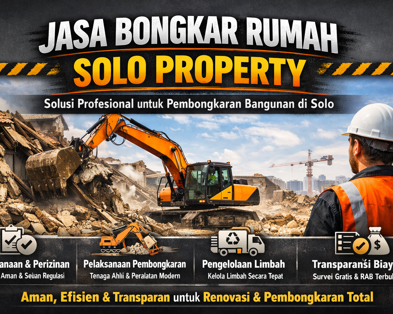 Banner advertising house demolition services: 'Jasa Bongkar Rumah Solo Property' with a construction site and excavator in action, and a worker in an orange safety vest foreground.
