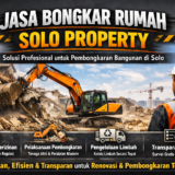 Banner advertising house demolition services: 'Jasa Bongkar Rumah Solo Property' with a construction site and excavator in action, and a worker in an orange safety vest foreground.