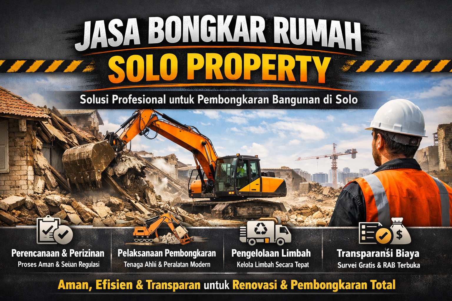 Banner advertising house demolition services: 'Jasa Bongkar Rumah Solo Property' with a construction site and excavator in action, and a worker in an orange safety vest foreground.