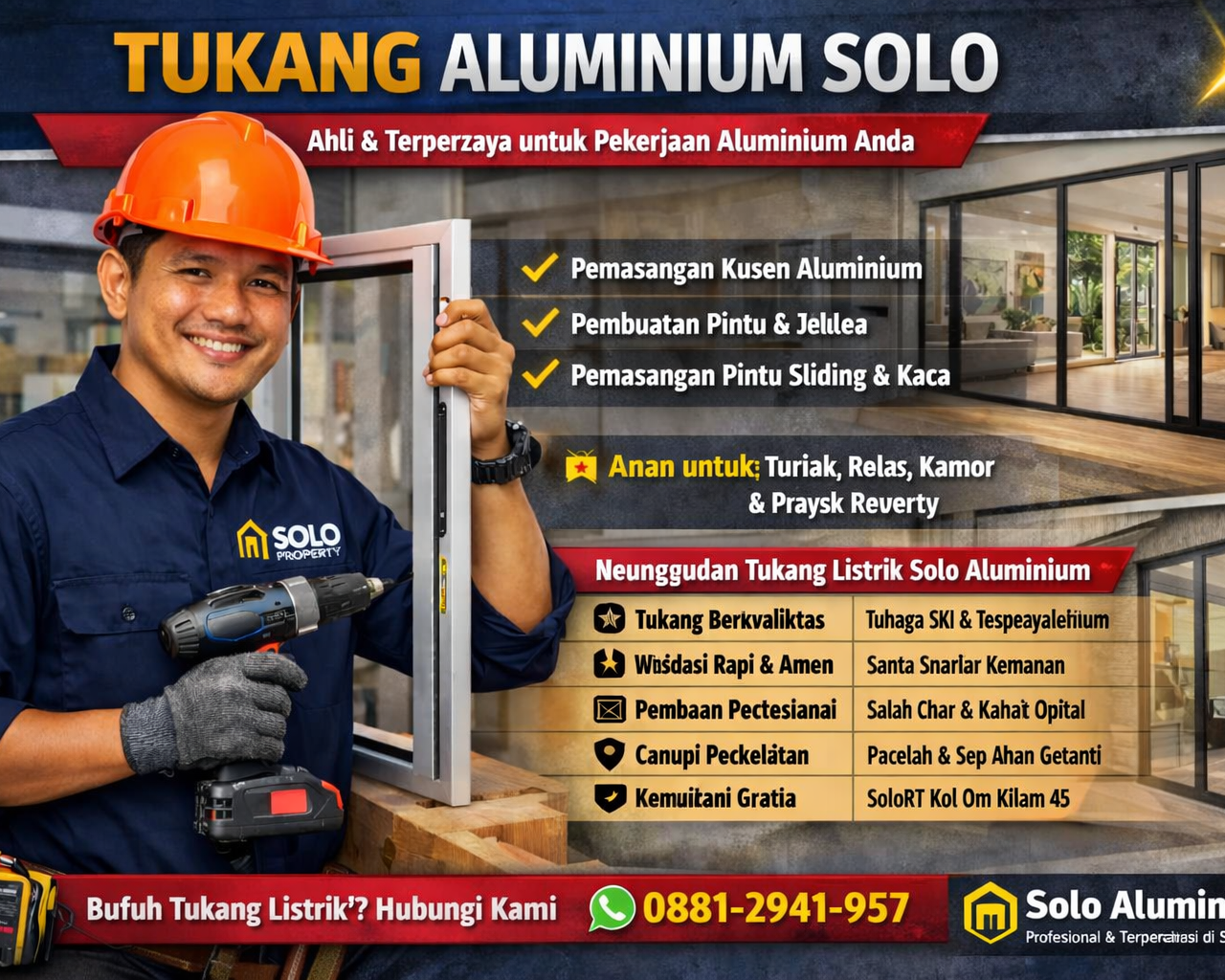 Smiling aluminum worker with orange helmet installing a sliding aluminum door in front of a modern home; company branding visible on his blue uniform and a red banner advertises services.